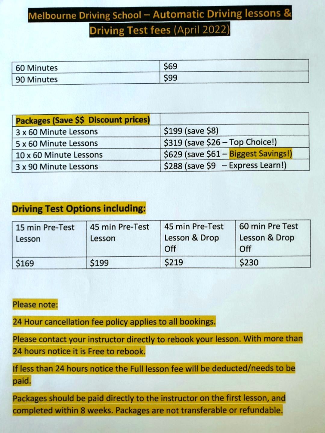 price list